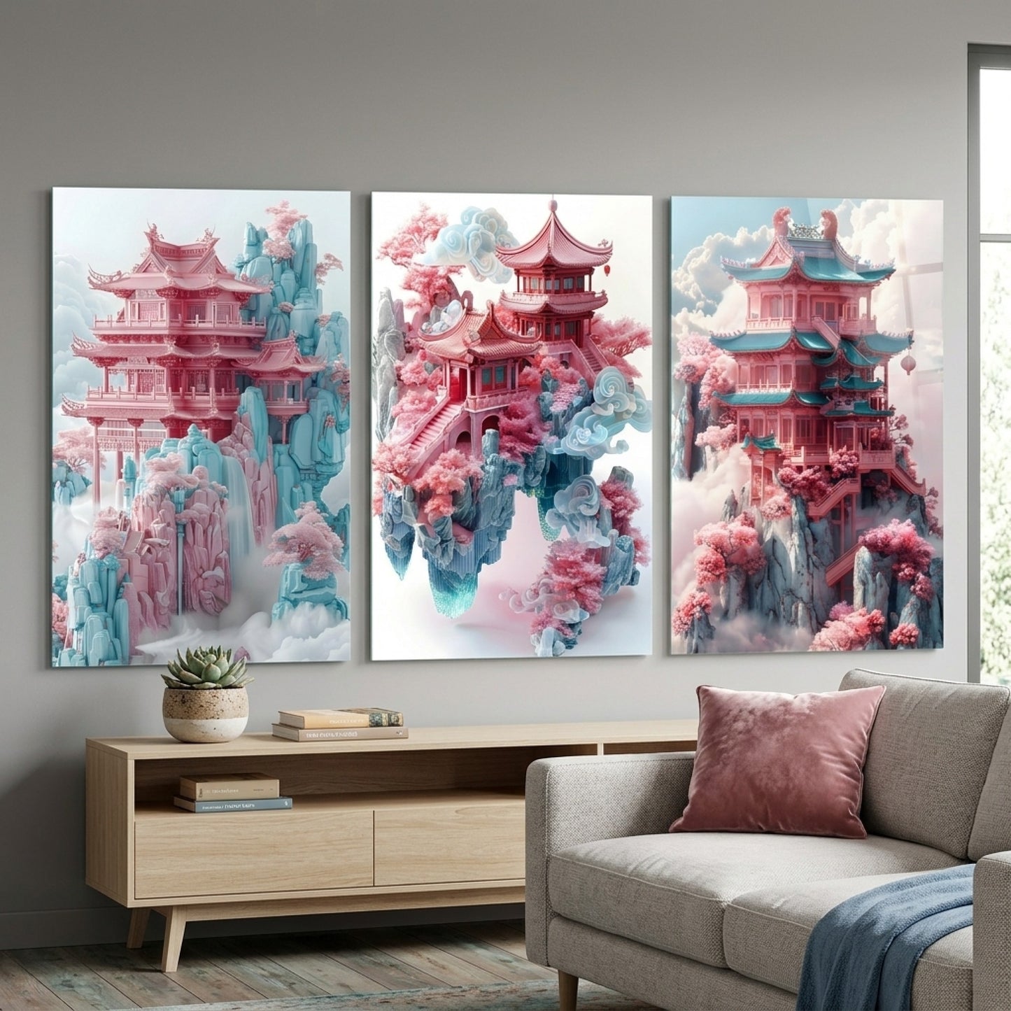 Pembe Pagoda Düşü Çoklu Dikey 3'lü Set Cam Tablo