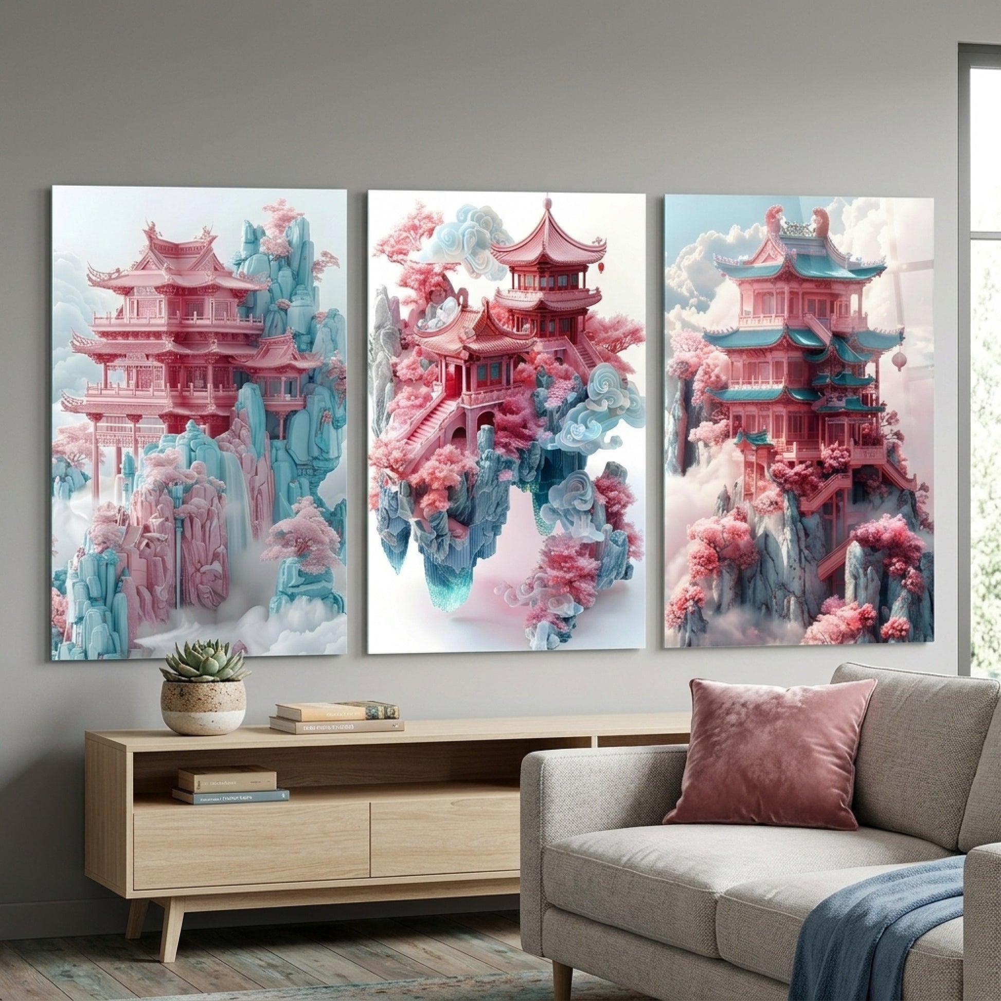 Pembe Pagoda Düşü Çoklu Dikey 3'lü Set Cam Tablo