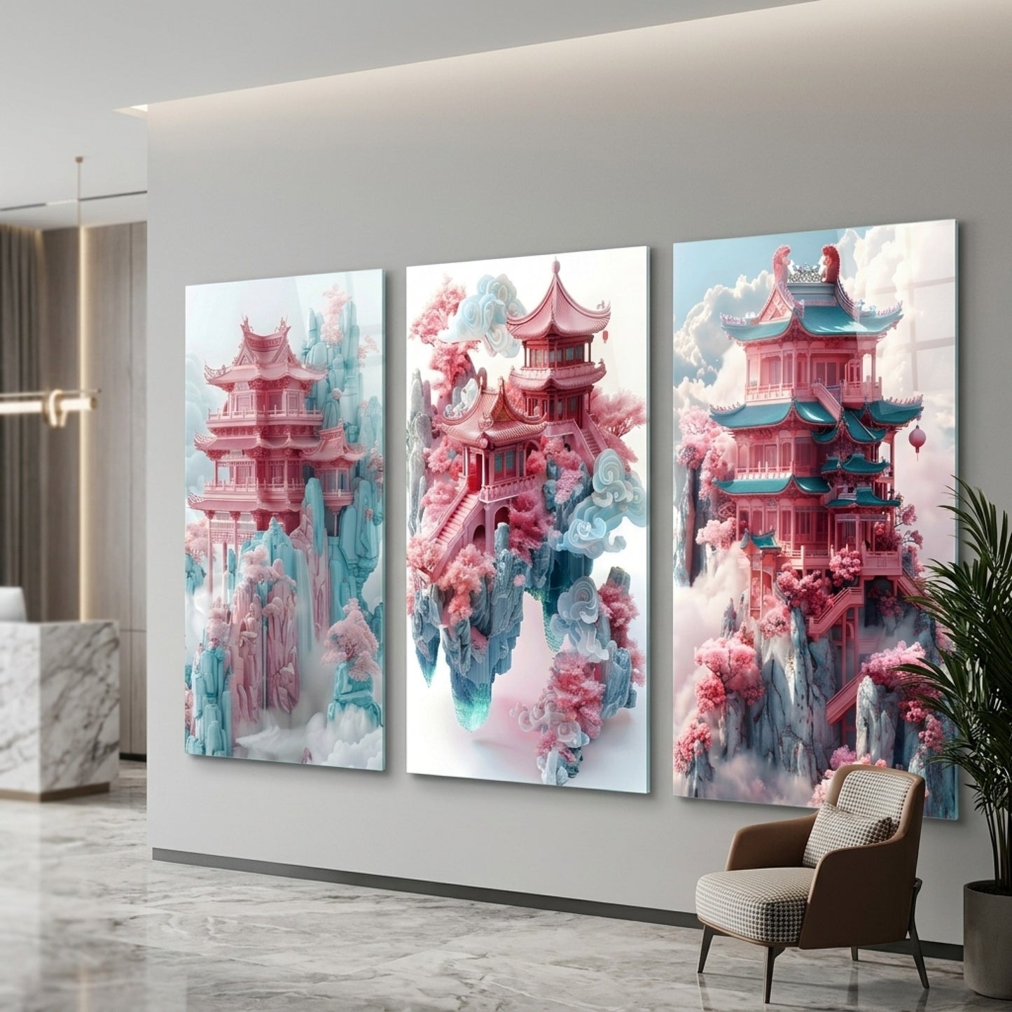 Pembe Pagoda Düşü Çoklu Dikey 3'lü Set Cam Tablo