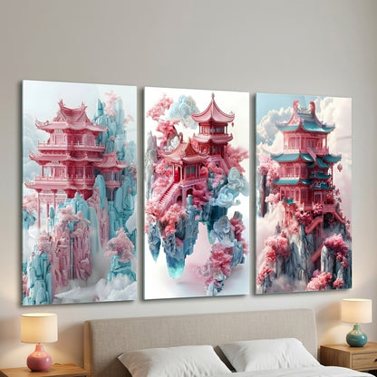 Pembe Pagoda Düşü Çoklu Dikey 3'lü Set Cam Tablo