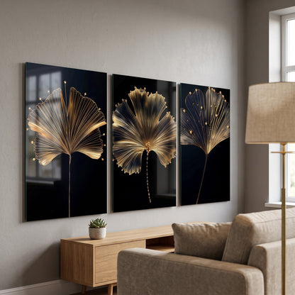 Modern Altın Ginkgo Yaprağı Seti Dikey 3'lü Set Cam Tablo