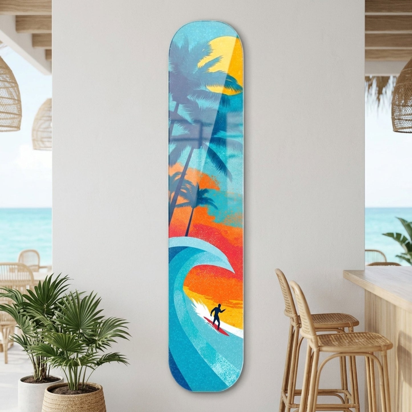 Tropik Sörf Güneş Batımı Skate Board Cam Tablo