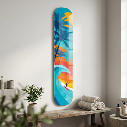 Tropik Sörf Güneş Batımı Skate Board Cam Tablo