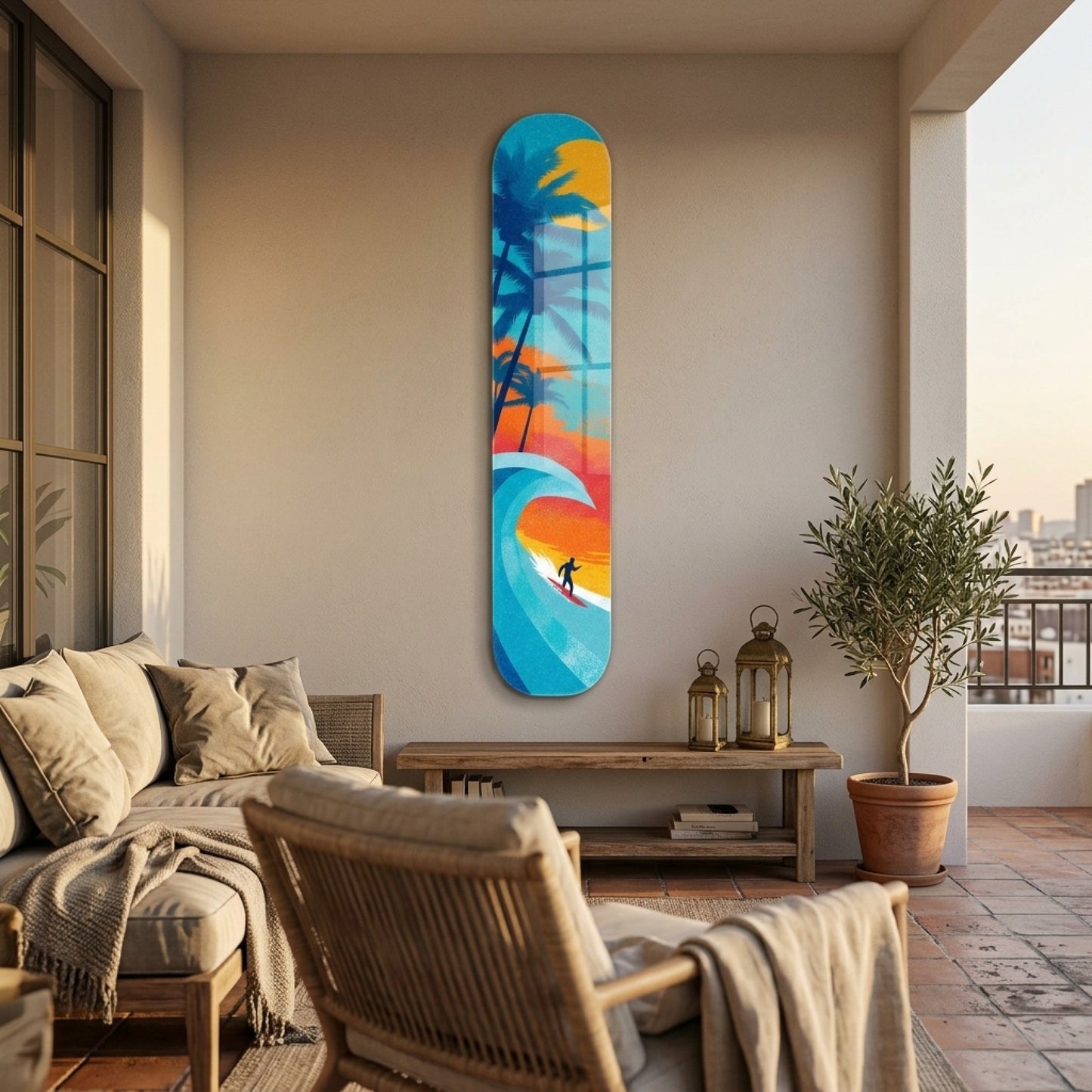 Tropik Sörf Güneş Batımı Skate Board Cam Tablo