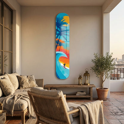 Tropik Sörf Güneş Batımı Skate Board Cam Tablo