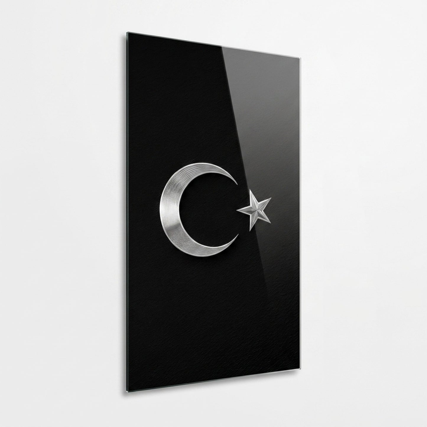Gümüş Ay Yıldız Türk Bayrağı Sembolü Dikey Cam Tablo