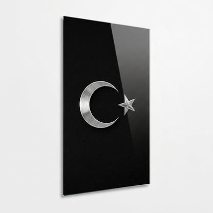 Gümüş Ay Yıldız Türk Bayrağı Sembolü Dikey Cam Tablo