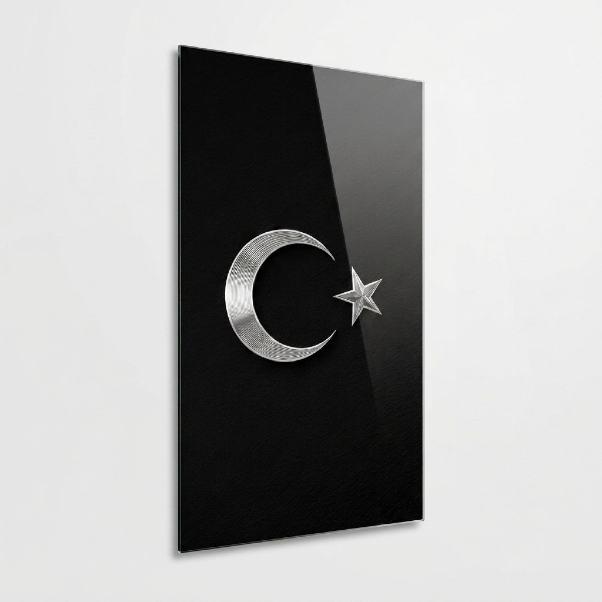 Gümüş Ay Yıldız Türk Bayrağı Sembolü Dikey Cam Tablo