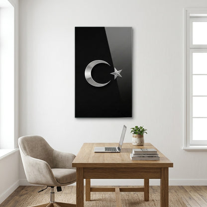 Gümüş Ay Yıldız Türk Bayrağı Sembolü Dikey Cam Tablo