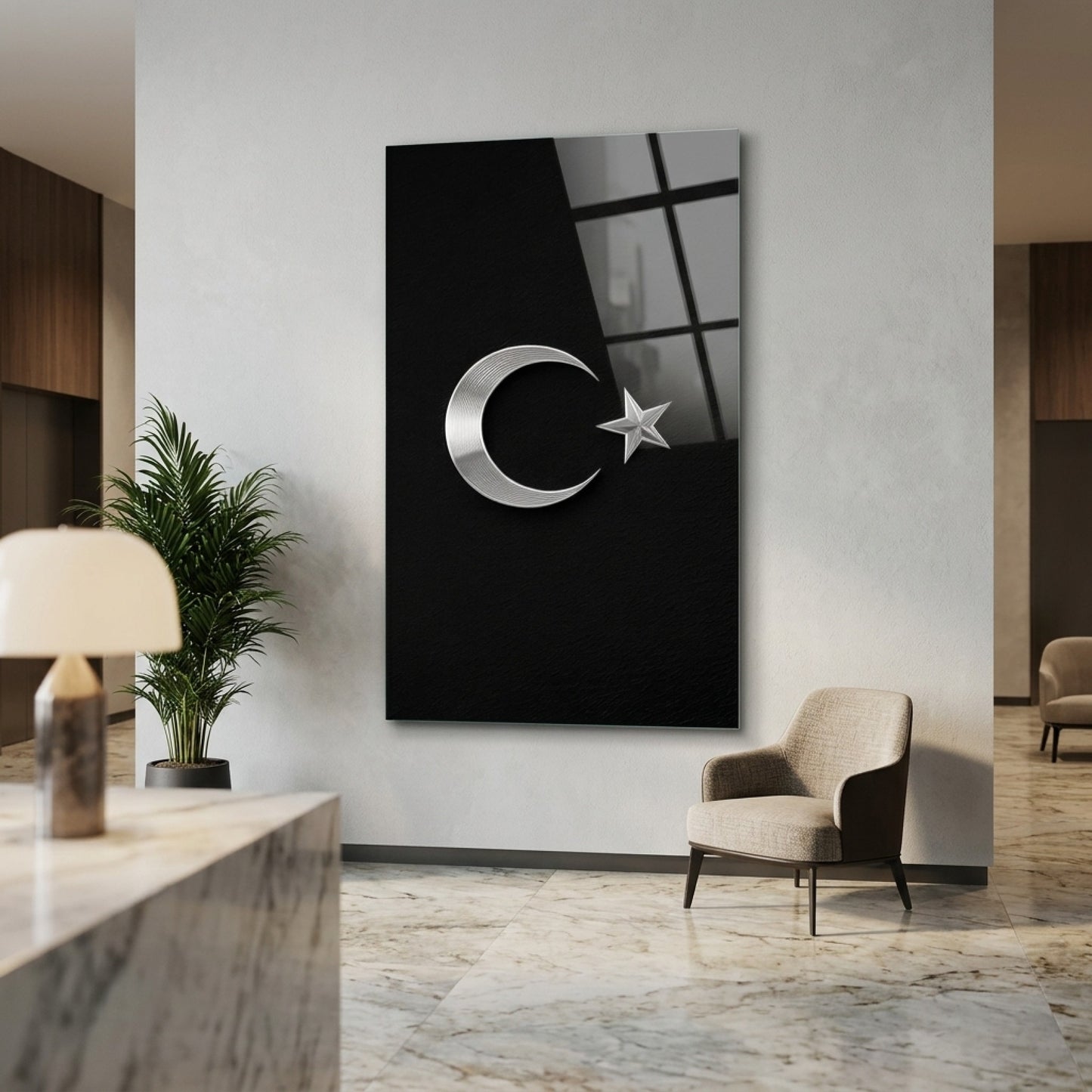 Gümüş Ay Yıldız Türk Bayrağı Sembolü Dikey Cam Tablo
