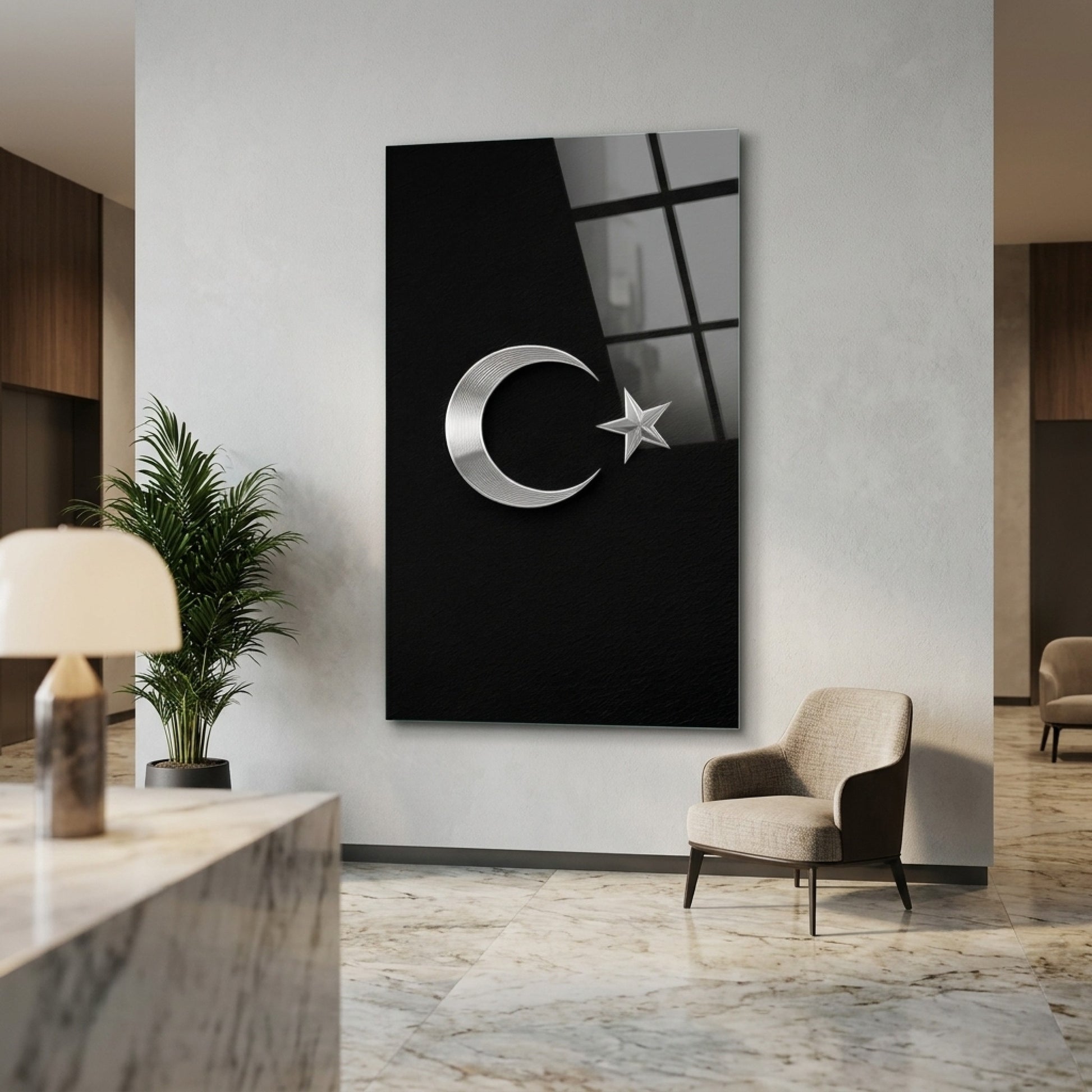 Gümüş Ay Yıldız Türk Bayrağı Sembolü Dikey Cam Tablo