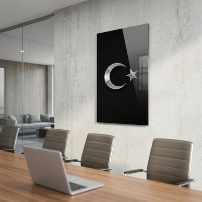 Gümüş Ay Yıldız Türk Bayrağı Sembolü Dikey Cam Tablo