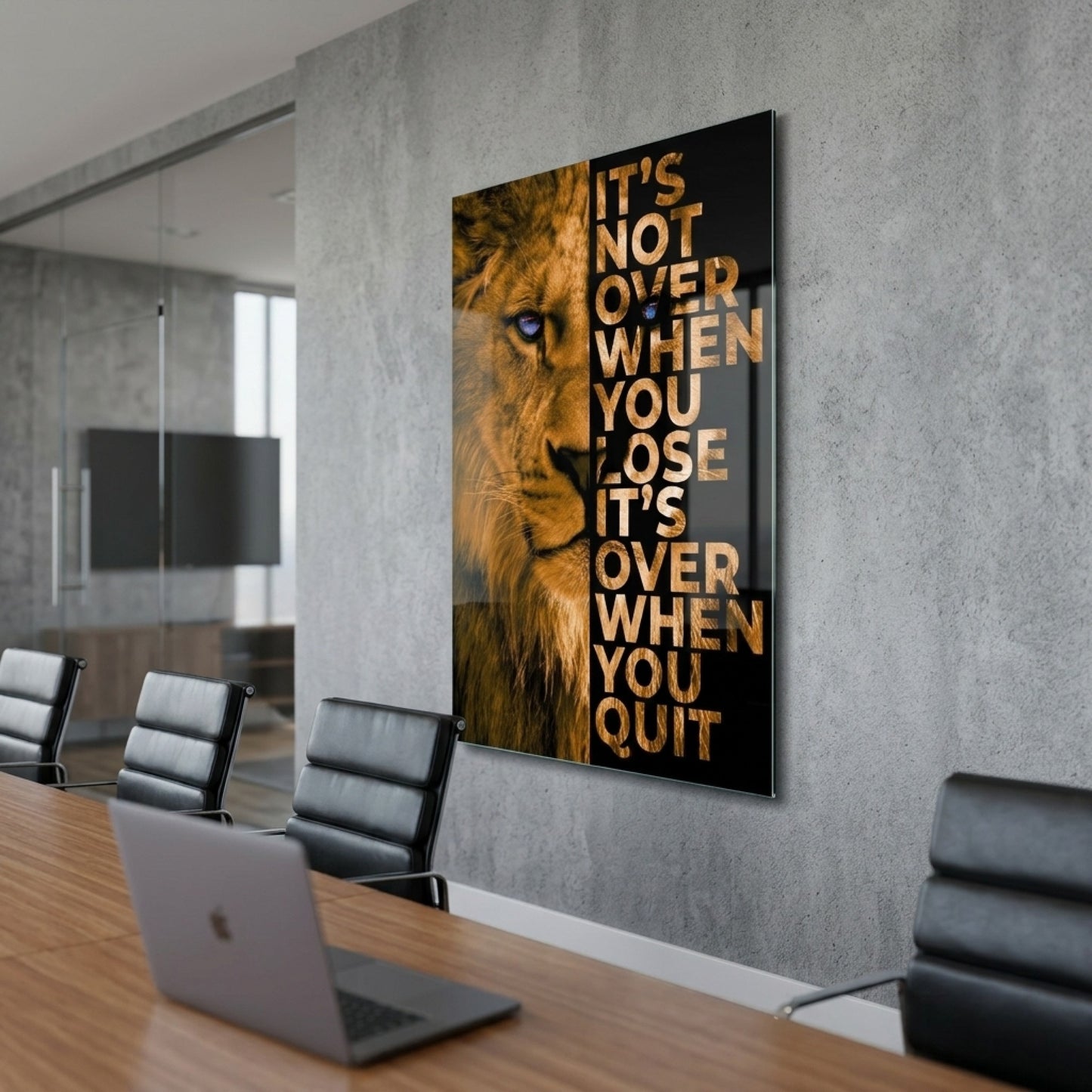 Aslan Motivasyon Sözlü Aslan Dikey Cam Tablo