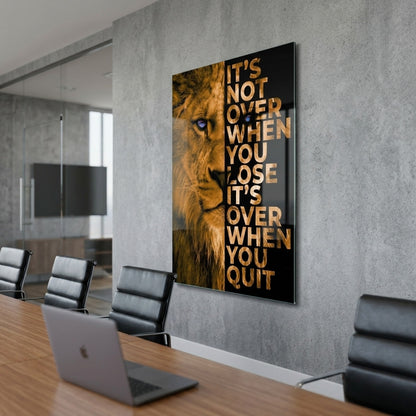 Aslan Motivasyon Sözlü Aslan Dikey Cam Tablo