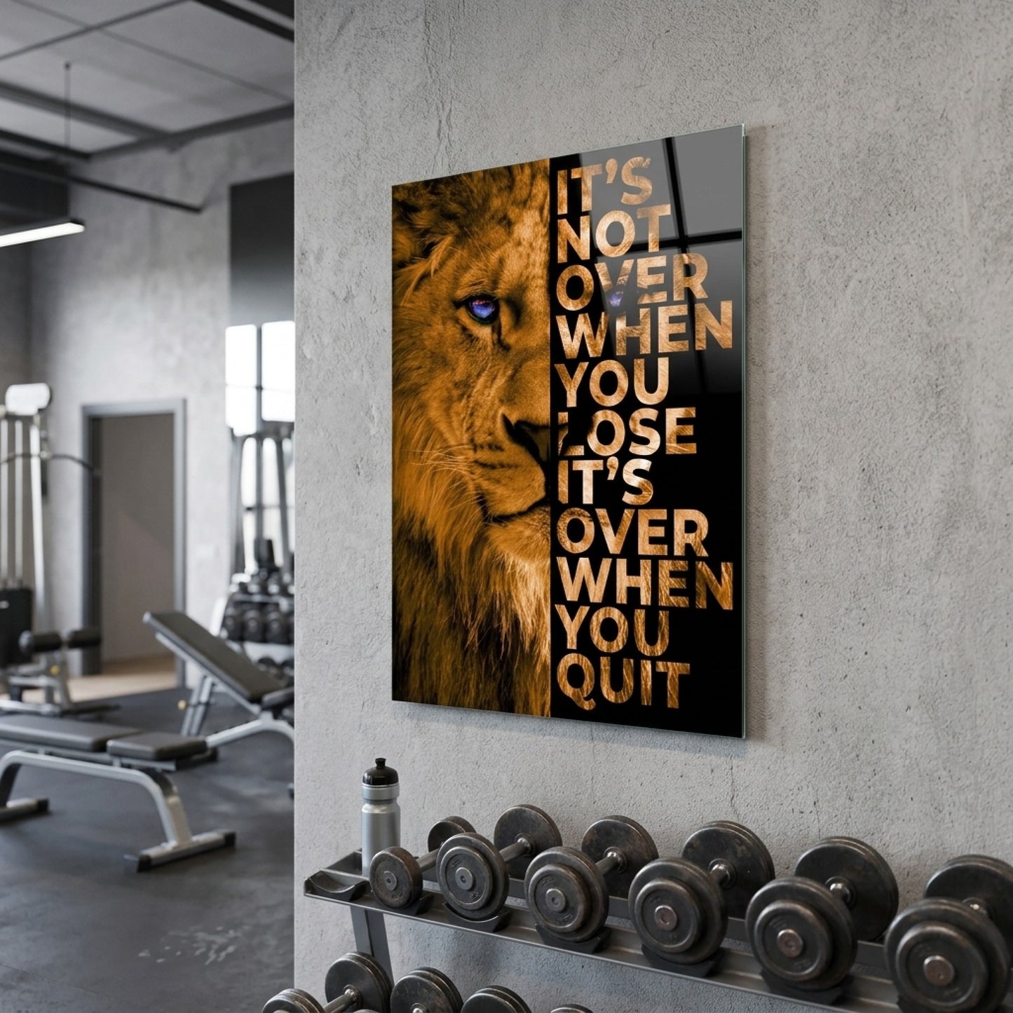 Aslan Motivasyon Sözlü Aslan Dikey Cam Tablo
