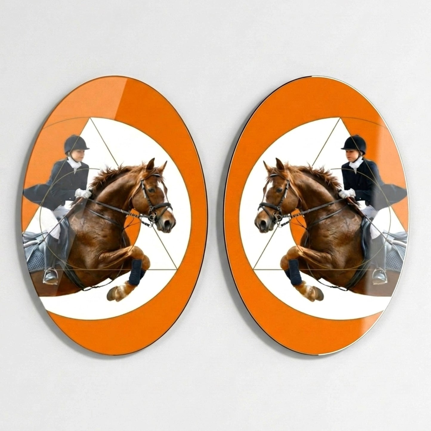 Modern Binicilik At Atlama Sanatı Oval 2'li Set Cam Tablo