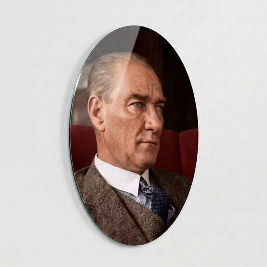 Mustafa Kemal Atatürk Karizmatik Portre Oval Dikey Cam Tablo