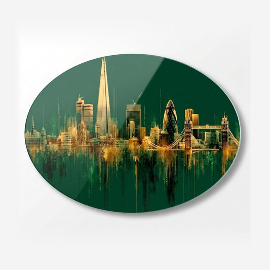 Art Deco Londra Sehir Manzarasi Oval Yatay Cam Tablo