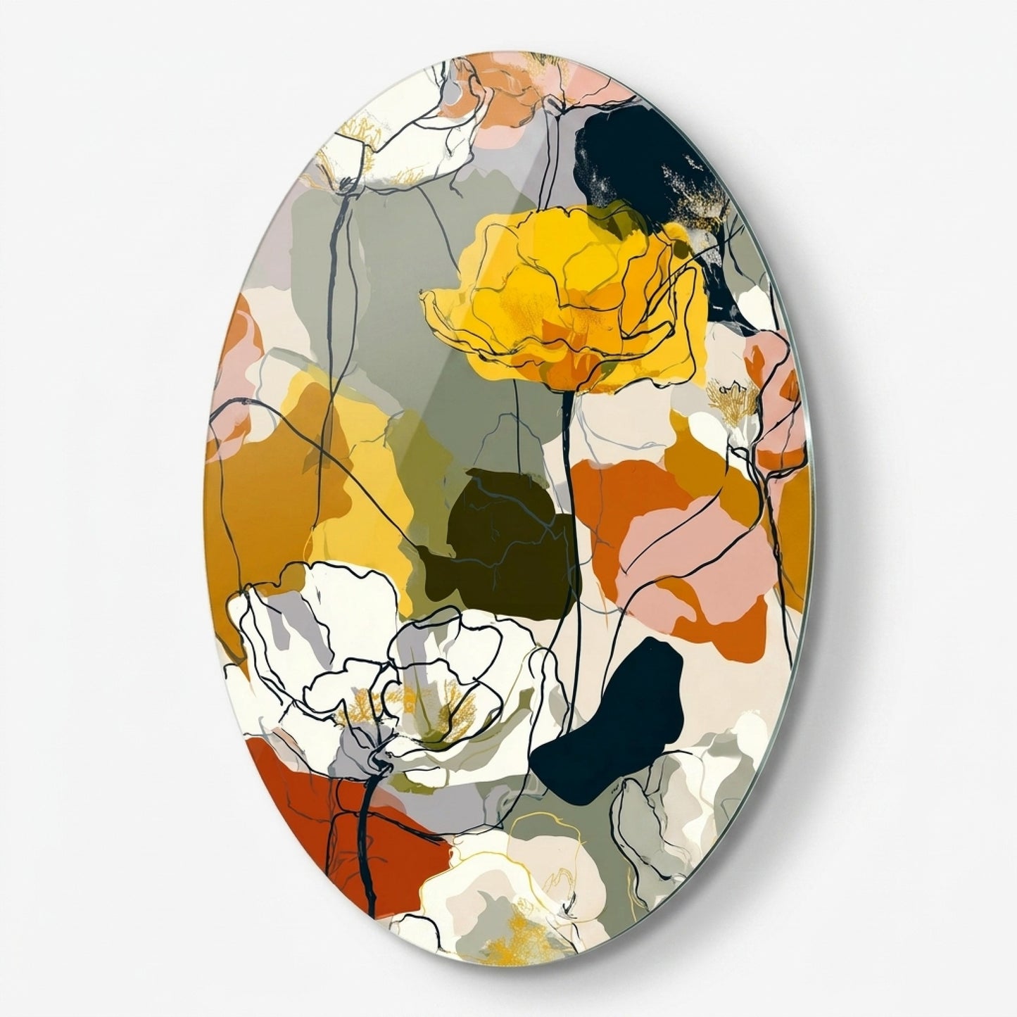 Modern Soyut Çiçek Desenli Oval Dikey Cam Tablo