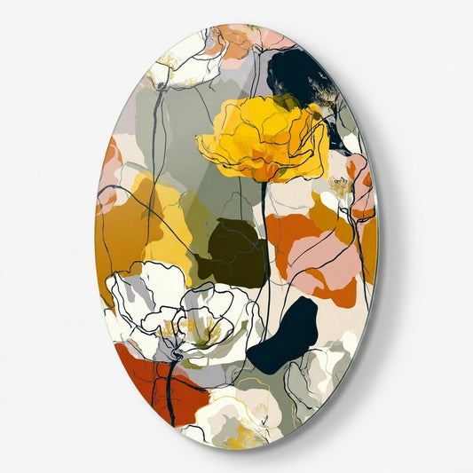 Modern Soyut Çiçek Desenli Oval Dikey Cam Tablo