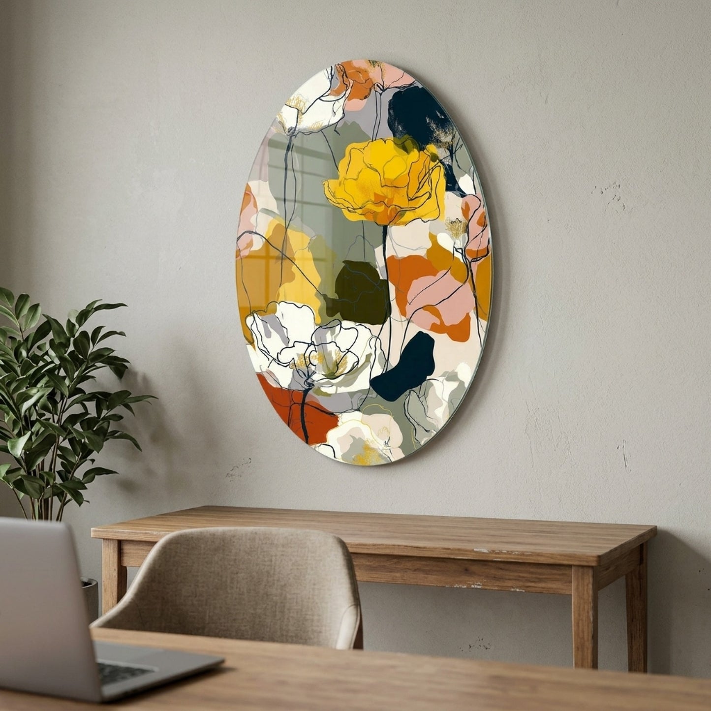 Modern Soyut Çiçek Desenli Oval Dikey Cam Tablo