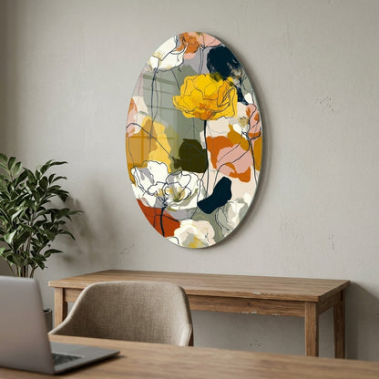 Modern Soyut Çiçek Desenli Oval Dikey Cam Tablo