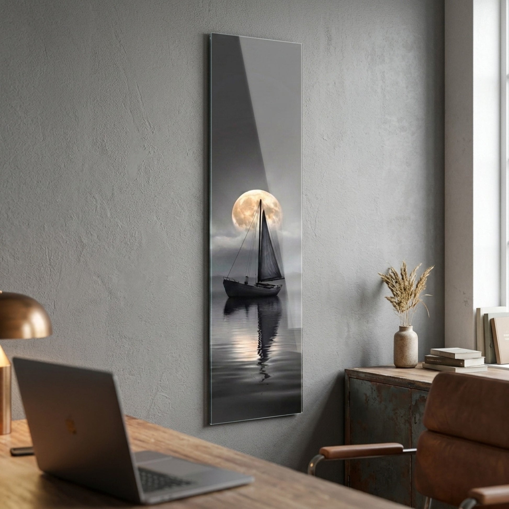 Dolunay Altında Yelkenli Tekne Manzarası Panoramik Dikey Cam Tablo