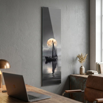 Dolunay Altında Yelkenli Tekne Manzarası Panoramik Dikey Cam Tablo
