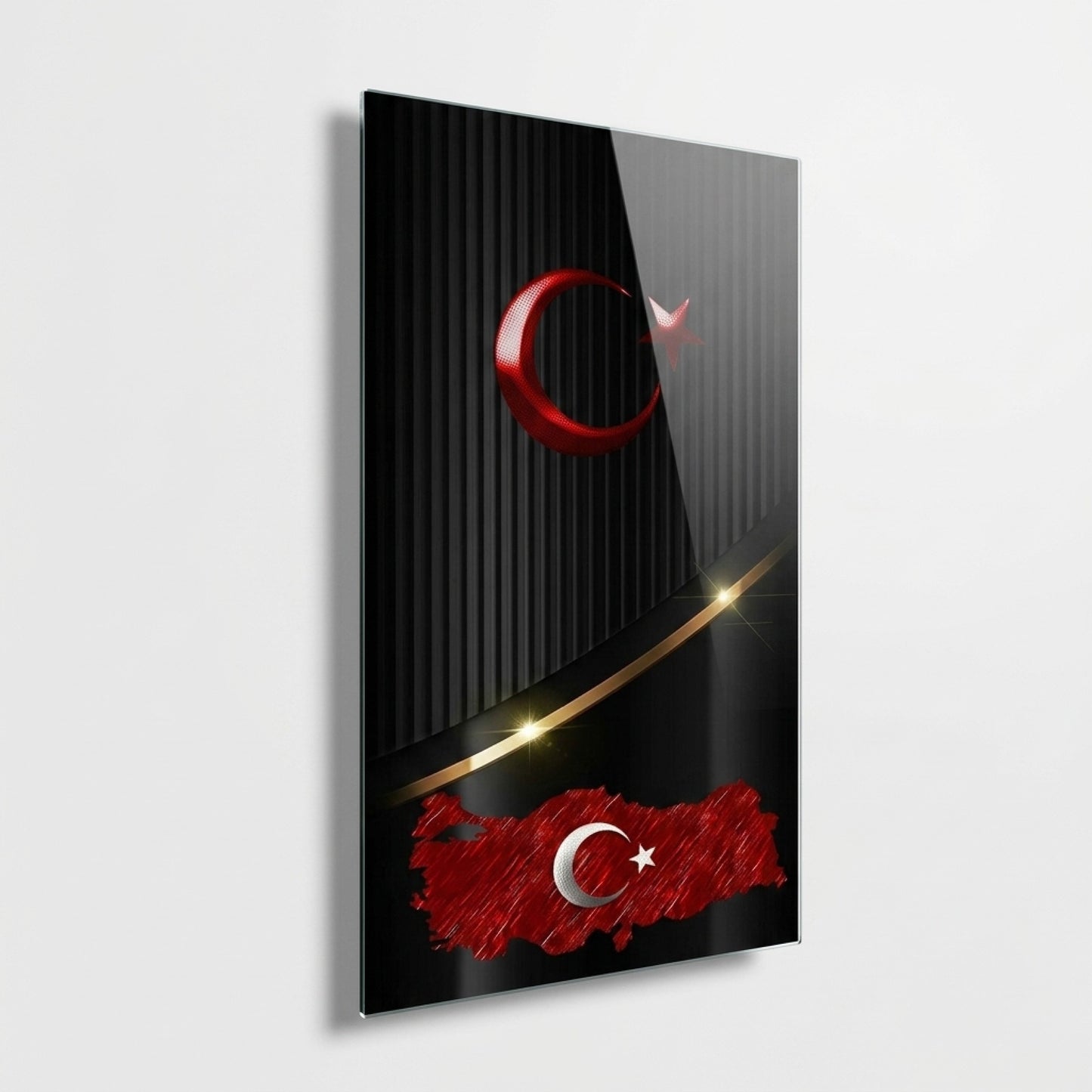Siyah Zeminli Metalik Ay Yıldız Türkiye Haritası Dikey Cam Tablo
