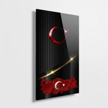 Siyah Zeminli Metalik Ay Yıldız Türkiye Haritası Dikey Cam Tablo