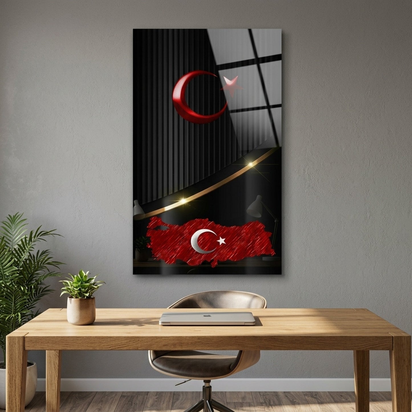 Siyah Zeminli Metalik Ay Yıldız Türkiye Haritası Dikey Cam Tablo