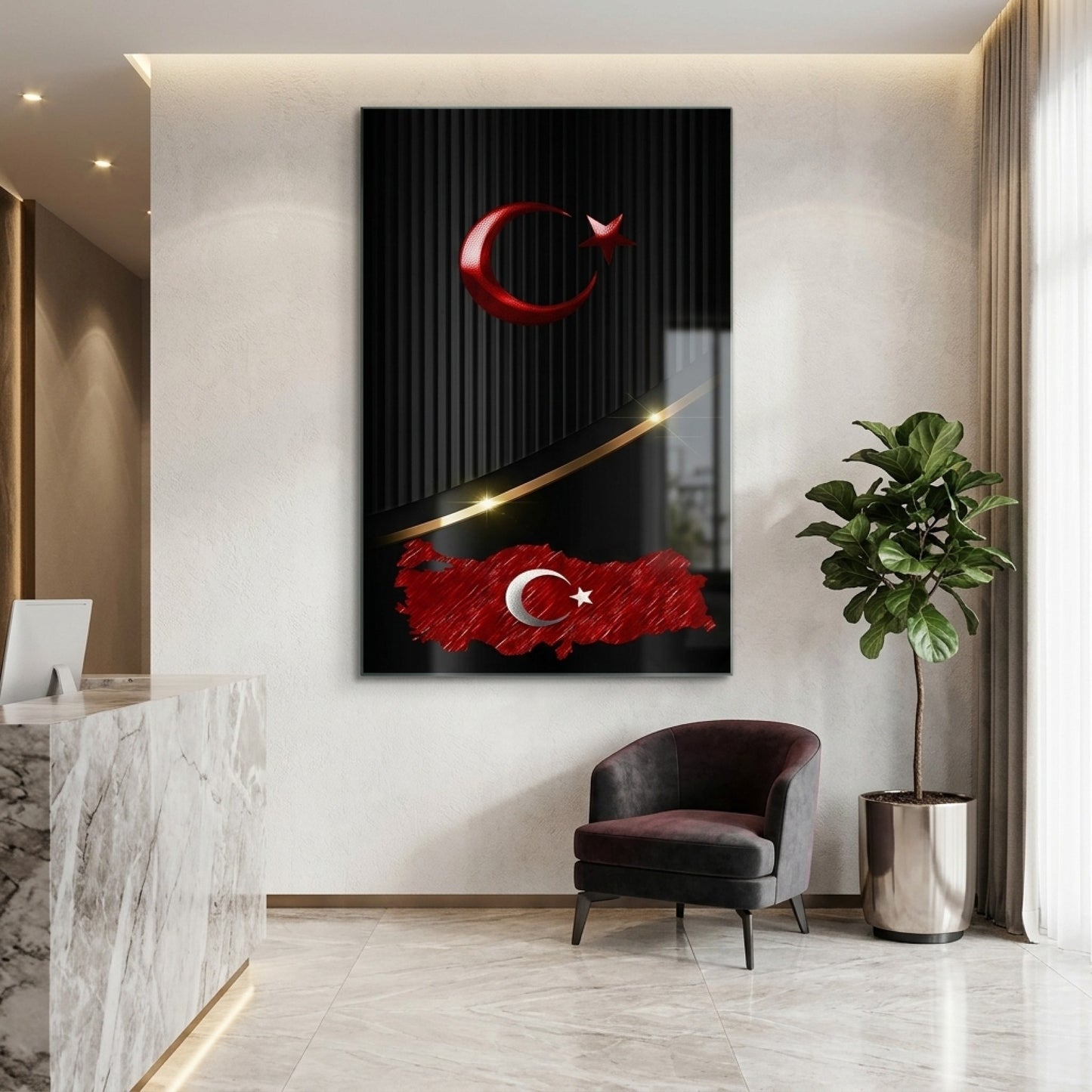 Siyah Zeminli Metalik Ay Yıldız Türkiye Haritası Dikey Cam Tablo
