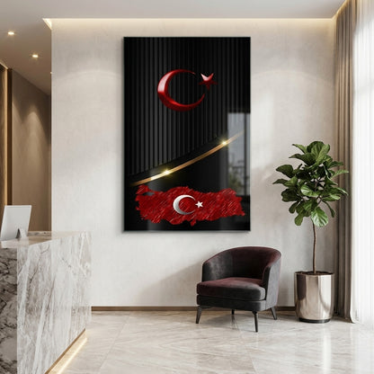Siyah Zeminli Metalik Ay Yıldız Türkiye Haritası Dikey Cam Tablo