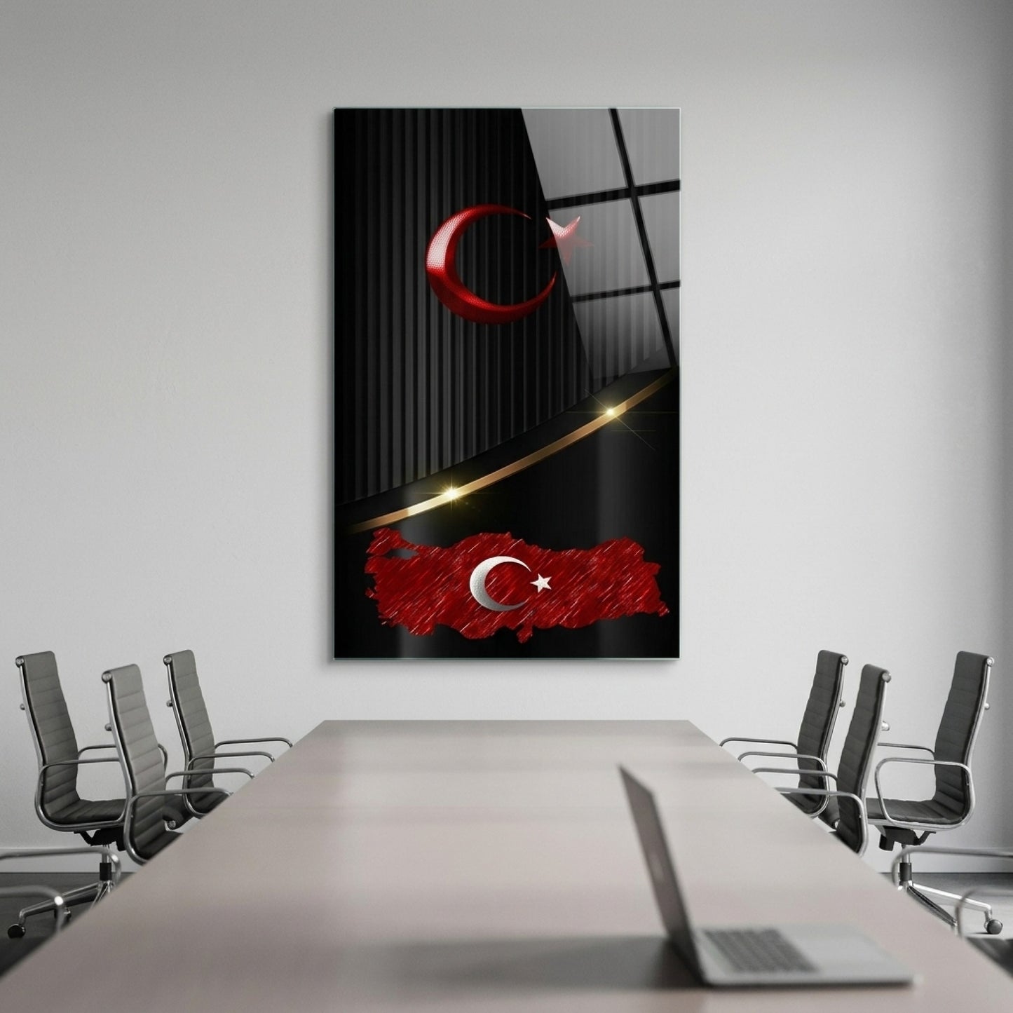 Siyah Zeminli Metalik Ay Yıldız Türkiye Haritası Dikey Cam Tablo