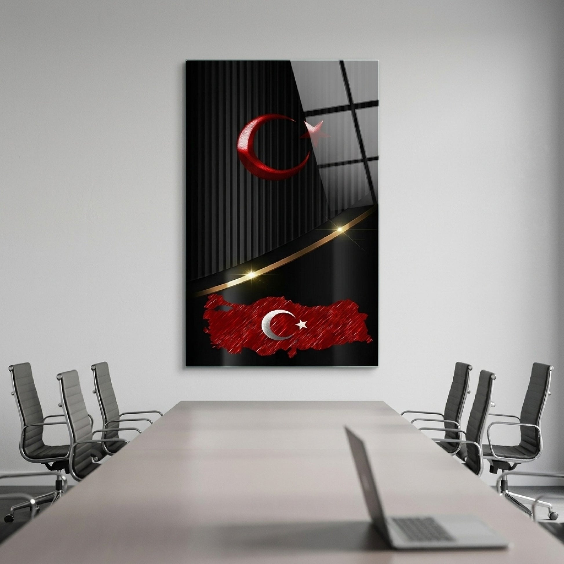Siyah Zeminli Metalik Ay Yıldız Türkiye Haritası Dikey Cam Tablo