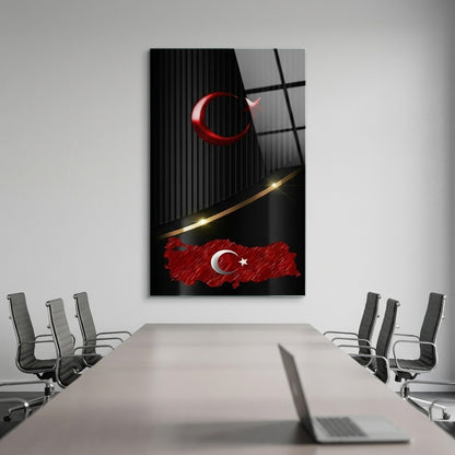 Siyah Zeminli Metalik Ay Yıldız Türkiye Haritası Dikey Cam Tablo