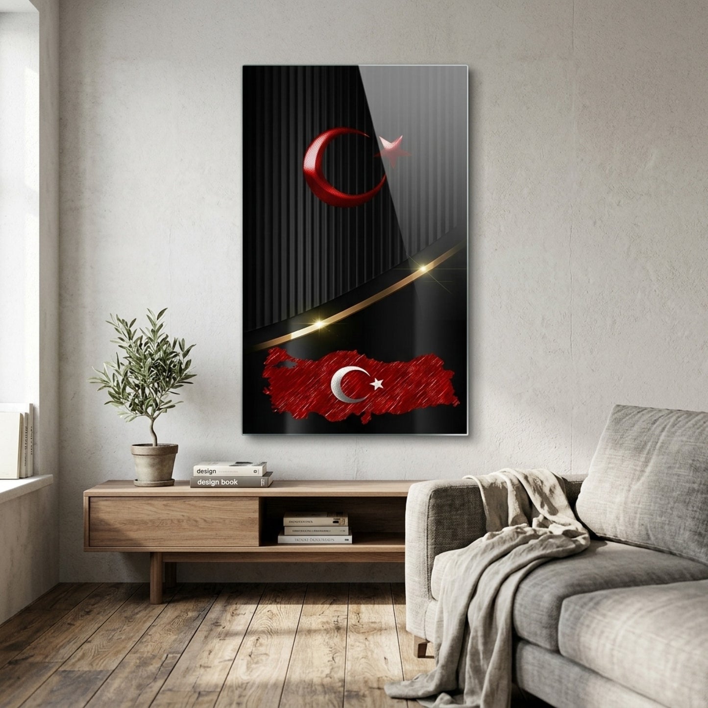 Siyah Zeminli Metalik Ay Yıldız Türkiye Haritası Dikey Cam Tablo