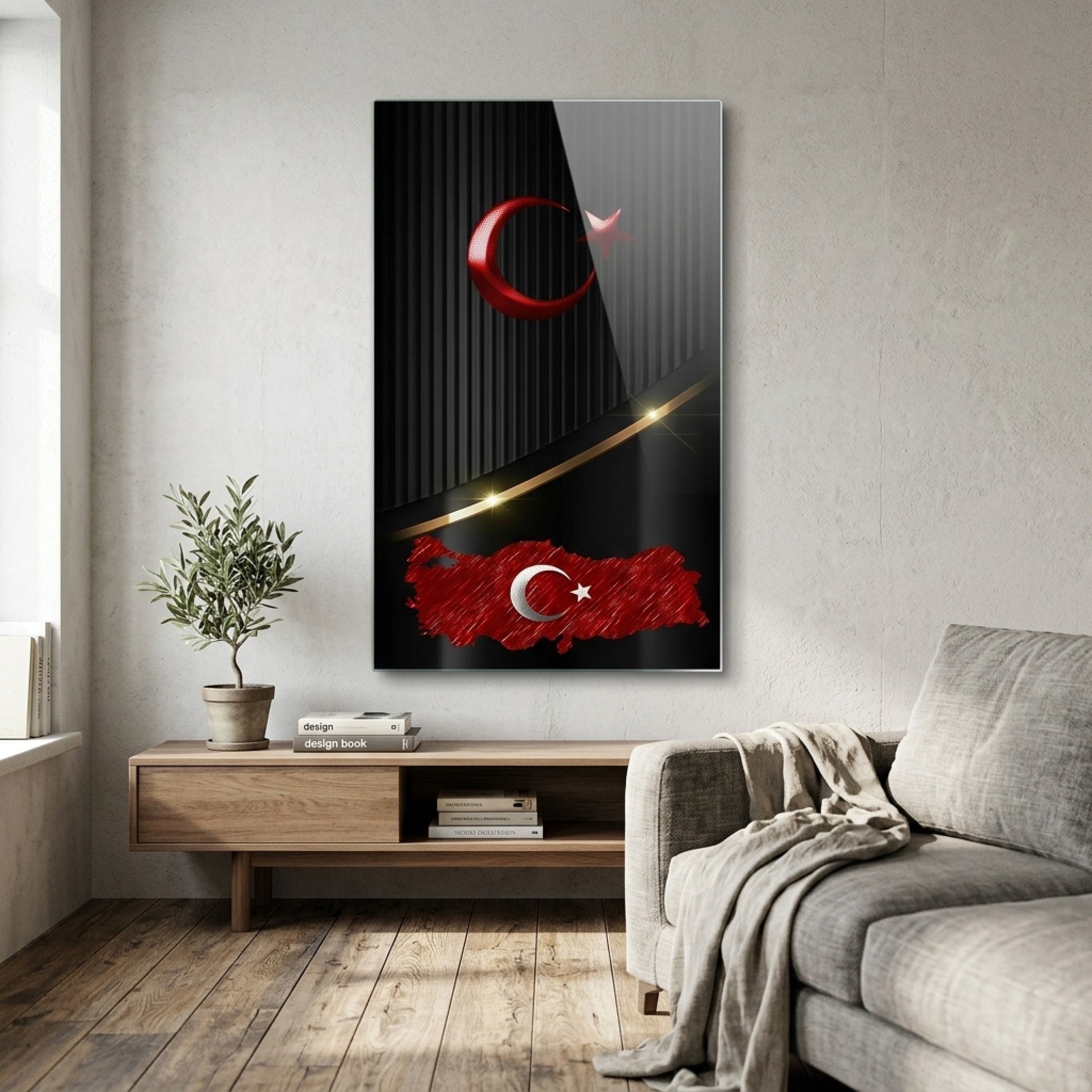 Siyah Zeminli Metalik Ay Yıldız Türkiye Haritası Dikey Cam Tablo