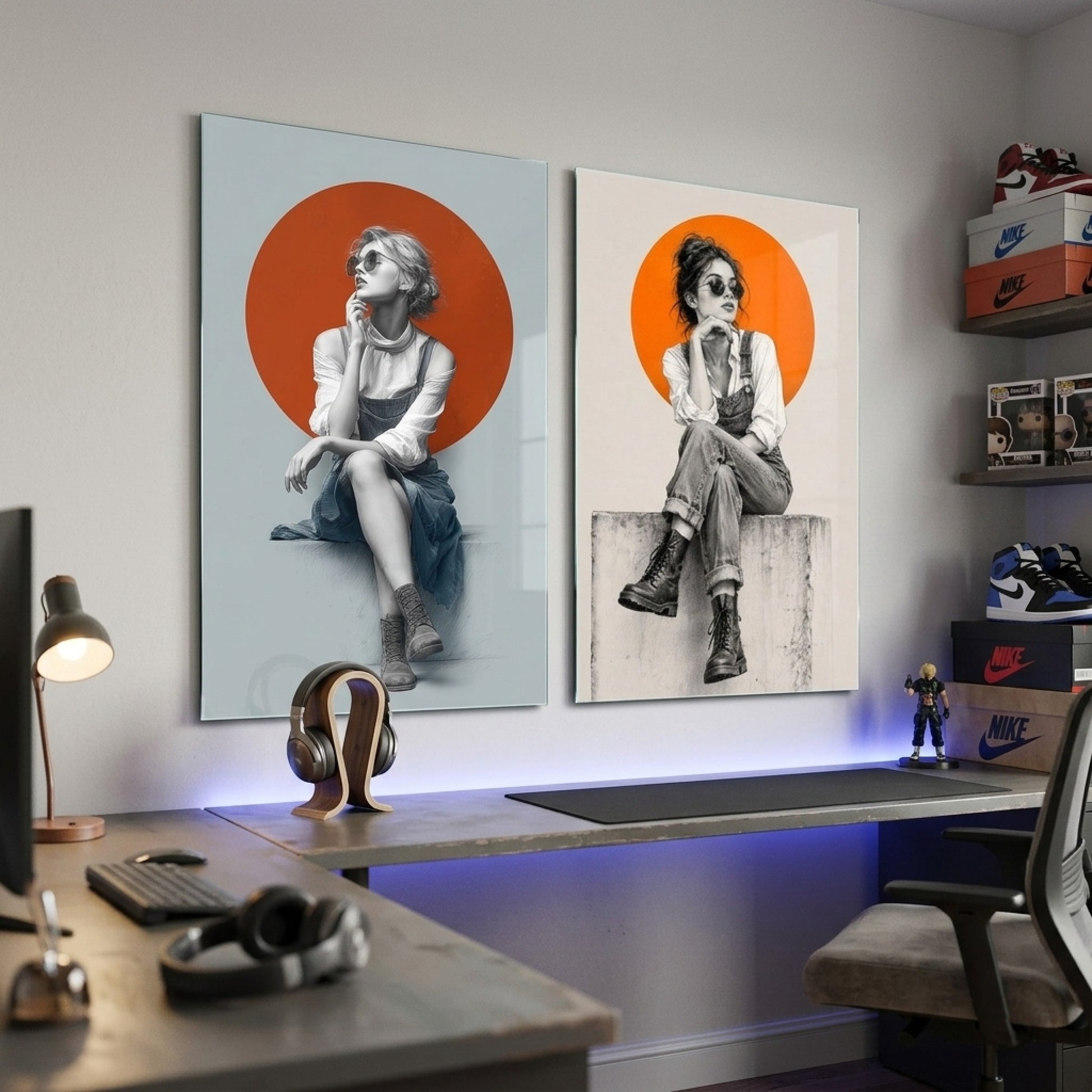 Modern Retro Kadın Portre Dikey 2'li Set Cam Tablo
