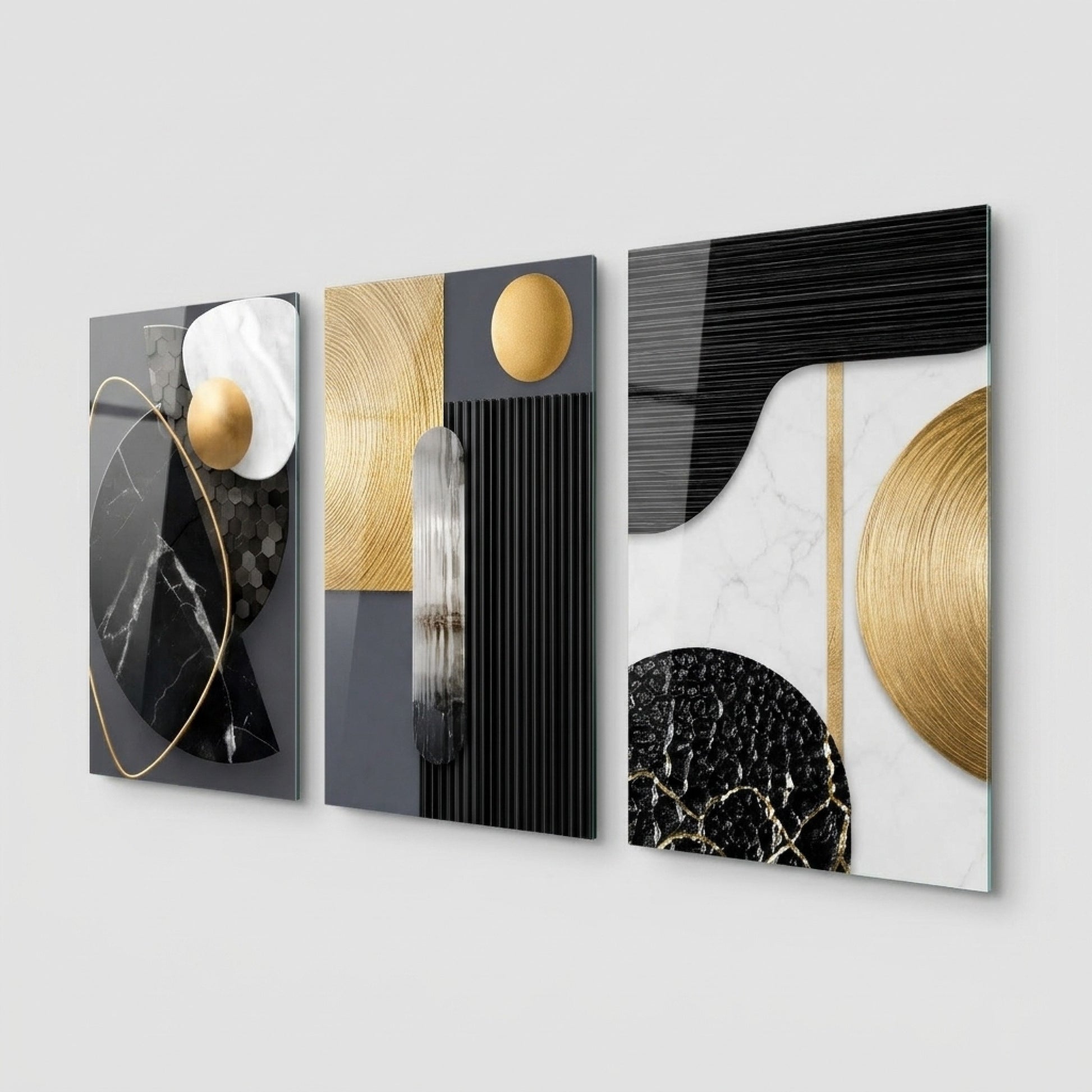 Modern Altın Mermer Geometri Dikey 3'lü Set Cam Tablo