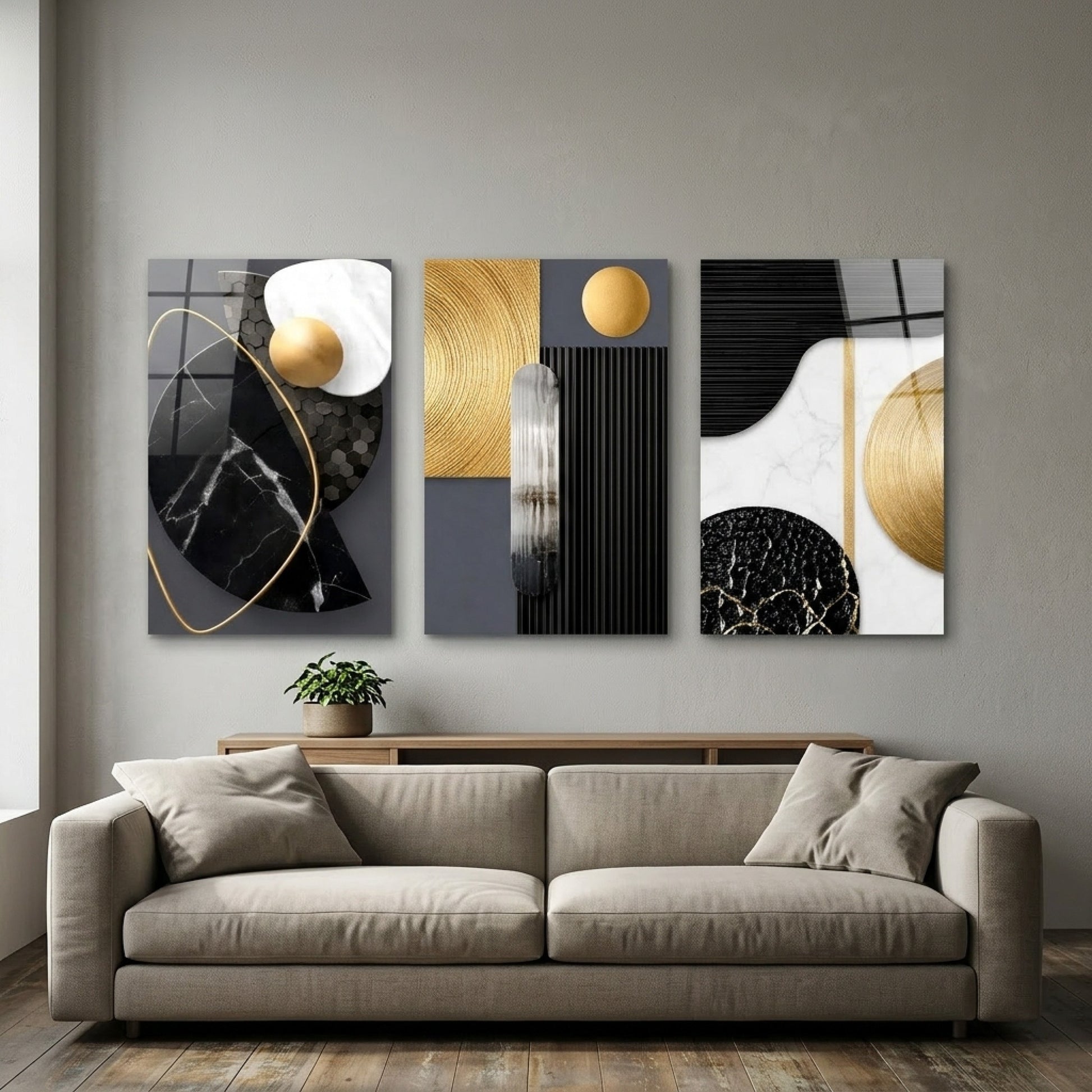 Modern Altın Mermer Geometri Dikey 3'lü Set Cam Tablo