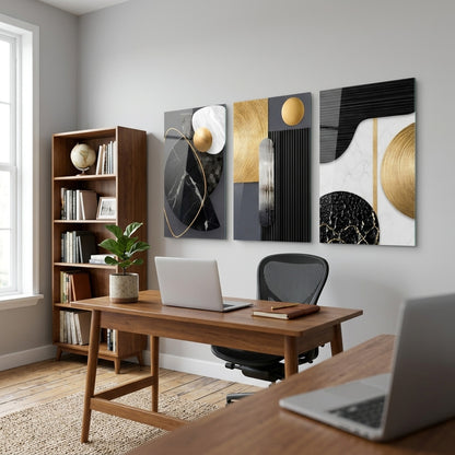 Modern Altın Mermer Geometri Dikey 3'lü Set Cam Tablo