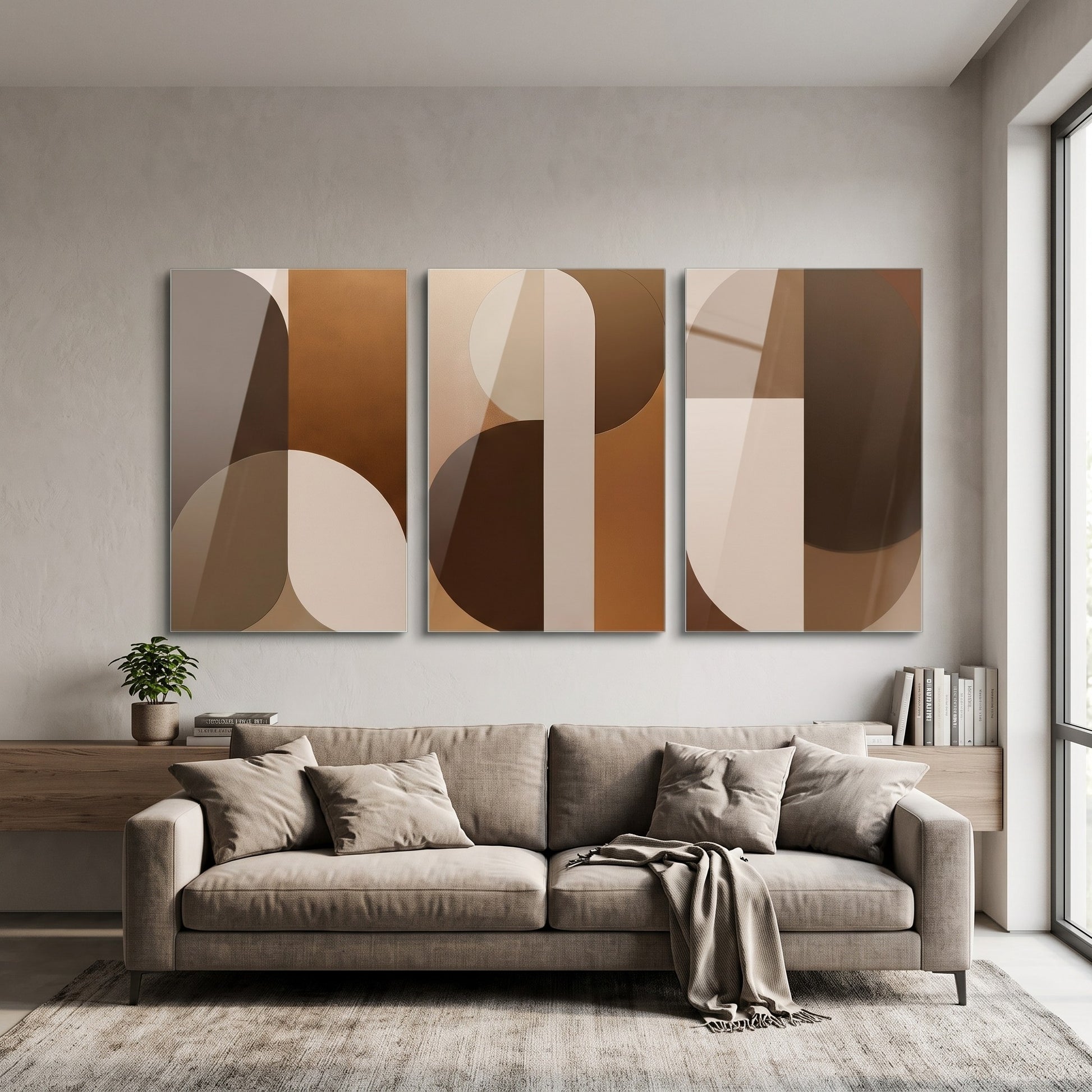 Kahve ve Krem Modern Geometrik 3 Parçalı Set Dikey 3'lü Set Cam Tablo