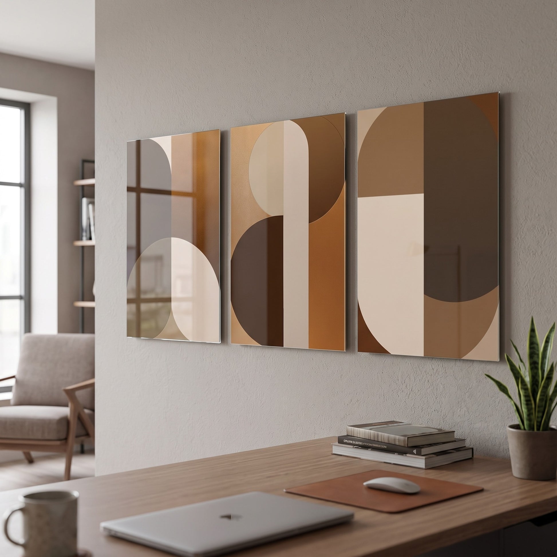 Kahve ve Krem Modern Geometrik 3 Parçalı Set Dikey 3'lü Set Cam Tablo