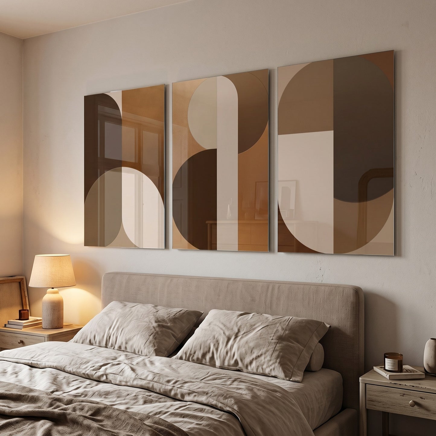 Kahve ve Krem Modern Geometrik 3 Parçalı Set Dikey 3'lü Set Cam Tablo