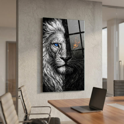 Aslan Portresi Mavi Ve Turuncu Gözlü Dikey Cam Tablo