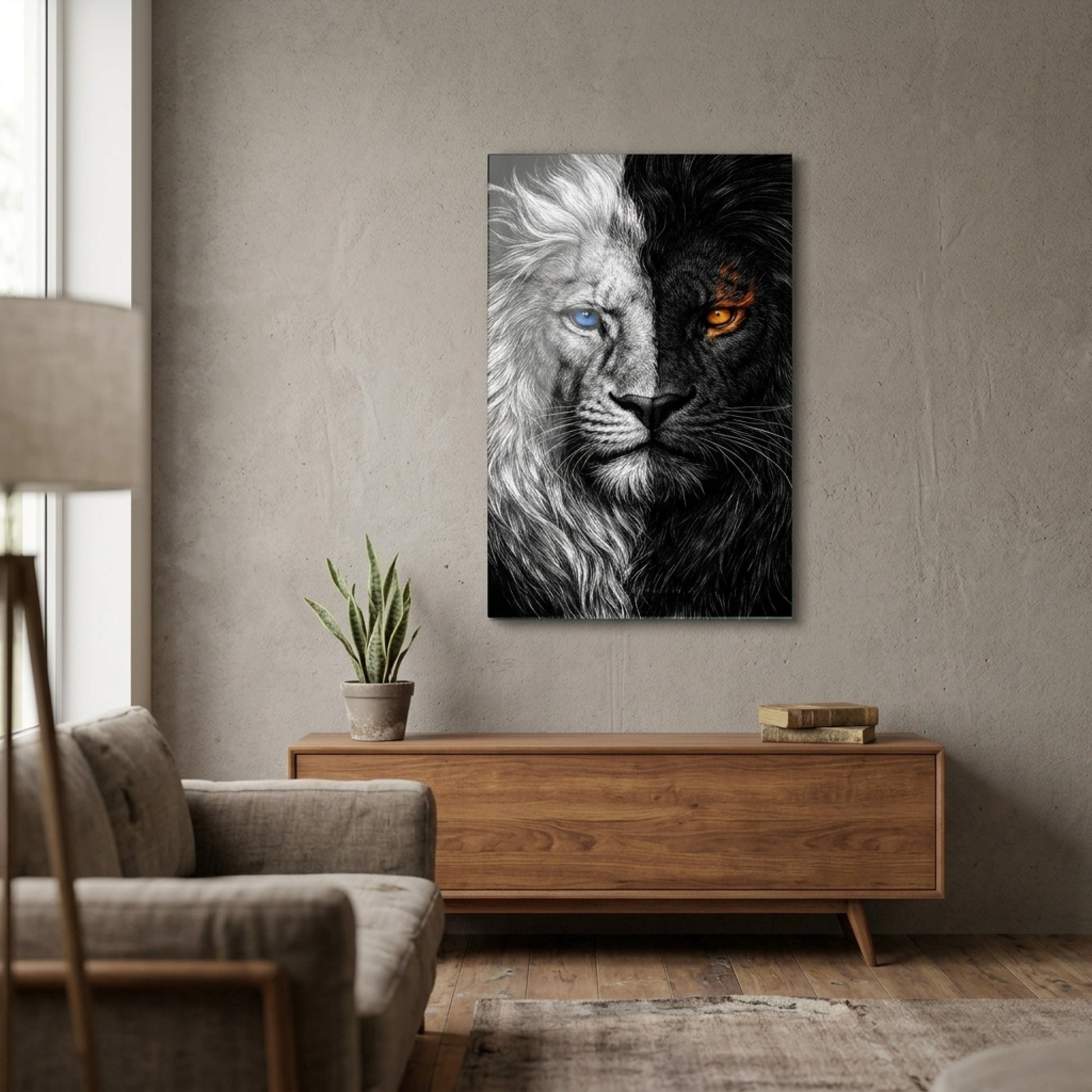Aslan Portresi Mavi Ve Turuncu Gözlü Dikey Cam Tablo