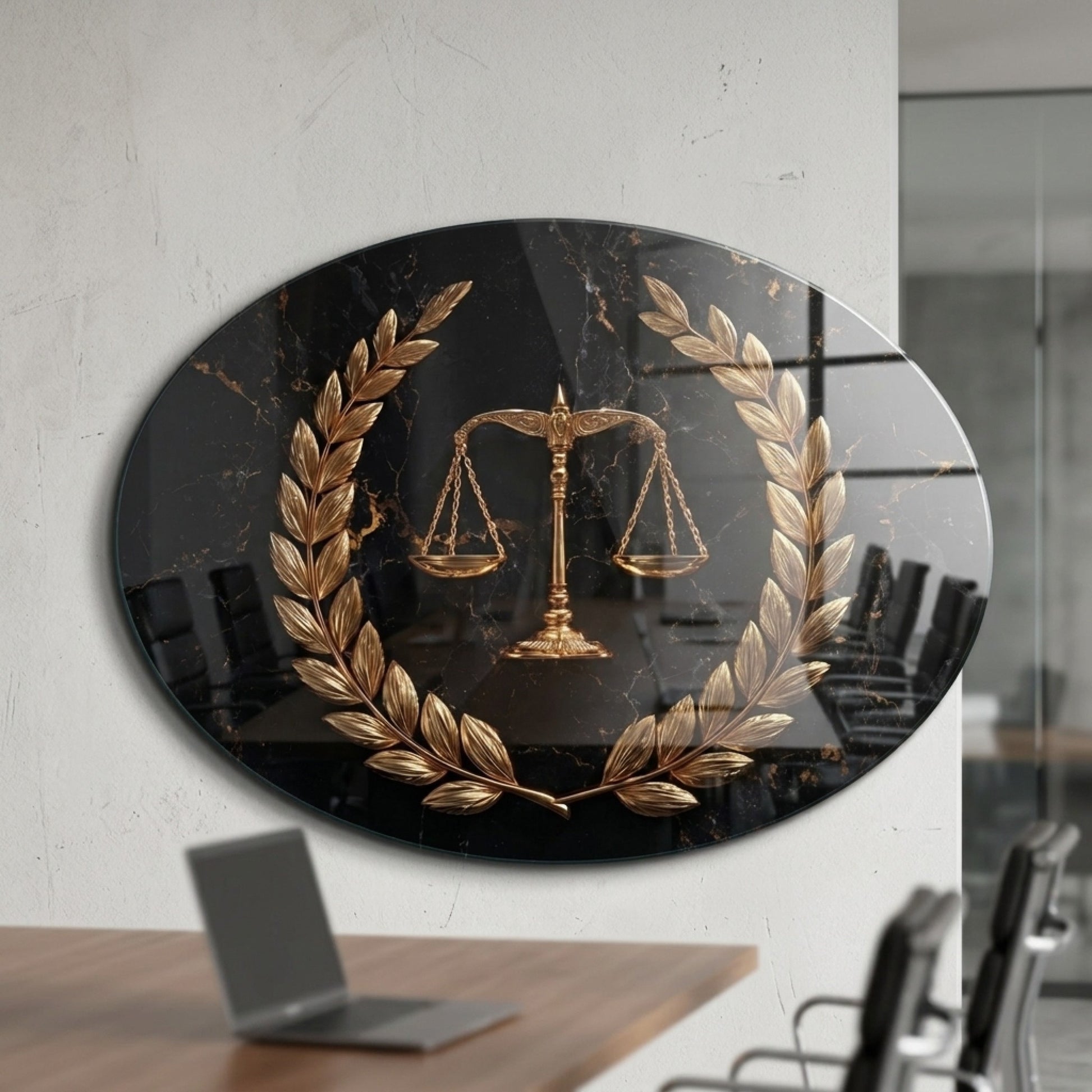 Siyah Mermer Zeminli Altın Adalet Terazisi Ve Çelenk Oval Yatay Cam Tablo