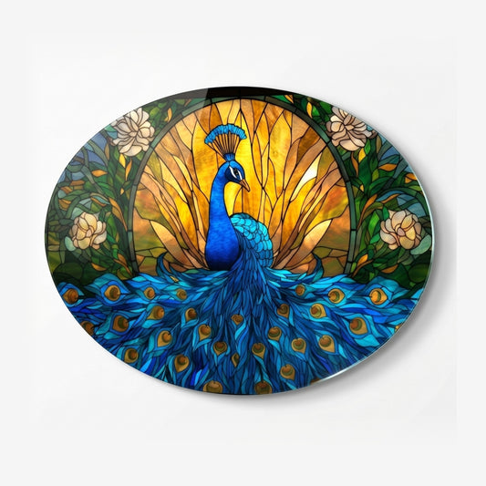 Tavus Kuşu Vitray Art Nouveau Tarzı Oval Yatay Cam Tablo