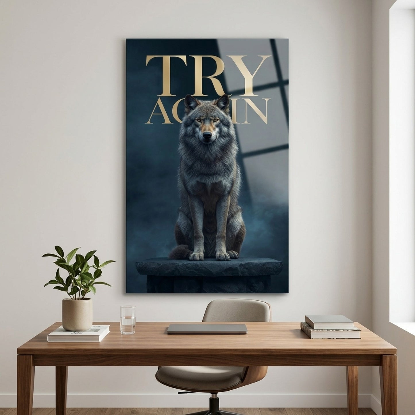 Karanlık Atmosferde Oturan Kurt Motivasyonel Yazılı Sanat Dikey Cam Tablo